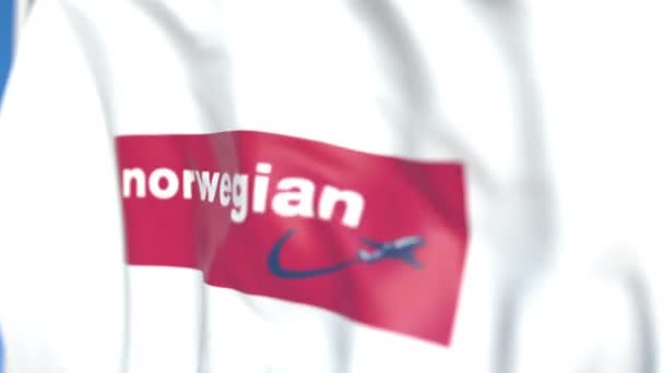 Bandiera volante con logo Norwegian Air Shuttle, primo piano. Animazione 3D loop editoriale — Video Stock