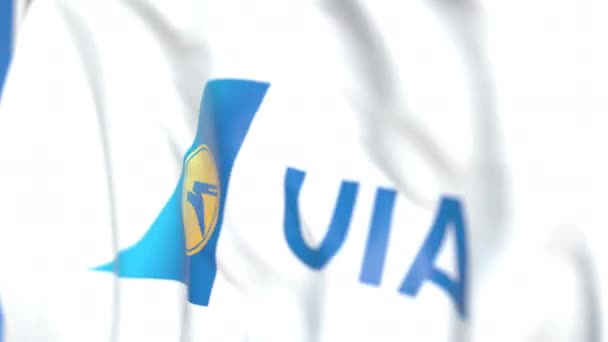 Viftande flagga med Ukraine International Airlines logotyp, närbild. Redaktionell loopable 3D-animering — Stockvideo