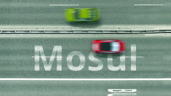 Pohled na rušný silniční vůz s textem Mosulu. Cestování do iráckého 3D vykreslování — Stock fotografie