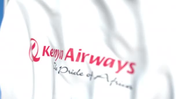 Bandera con logo Kenya Airways, primer plano. Animación en 3D loopable editorial — Vídeo de stock