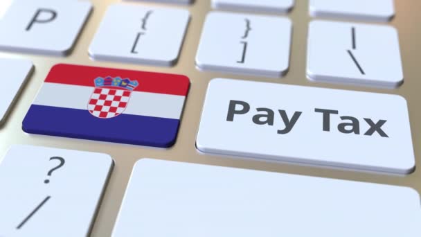 PAGO TAX texto y la bandera de Croacia en los botones en el teclado del ordenador. Animación 3D conceptual relacionada con la fiscalidad — Vídeo de stock