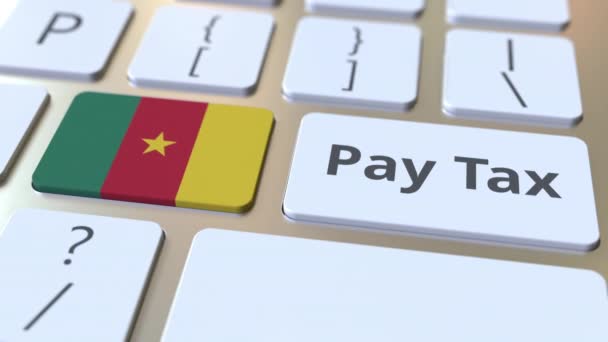 Πληρώστε το κείμενο του φόρου και τη σημαία του Καμερούν στα κουμπιά στο πληκτρολόγιο του υπολογιστή. Φορολογία σχετικά με εννοιολογική κίνηση 3D — Αρχείο Βίντεο