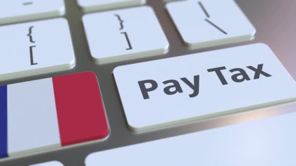 Tekst podatku Pay i flaga Francji na przyciski na klawiaturze komputera. Koncepcyjna animacja 3D związana z opodatkowaniem — Wideo stockowe
