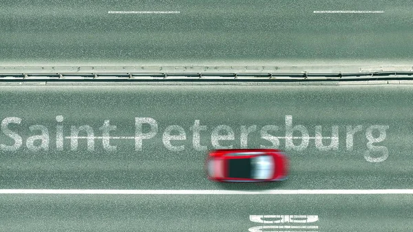 Vista aérea de arriba hacia abajo de la carretera con la leyenda de San Petersburgo. Viajes en coche en Rusia 3D rendering — Foto de Stock