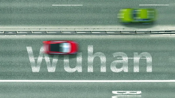 Visão aérea da estrada do carro com texto de Wuhan. Viagem para a China 3D renderização — Fotografia de Stock
