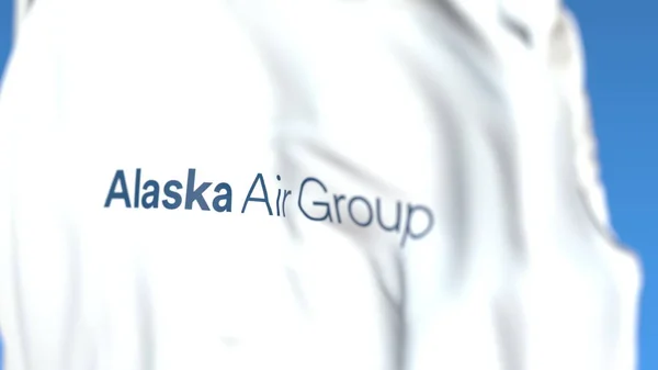 Alaska Air Group logosu ile bayrak sallayarak, yakın çekim. Editoryal 3d render — Stok fotoğraf