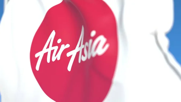 Airasia logolu uçan bayrak, yakın çekim. Editoryal 3d render — Stok fotoğraf