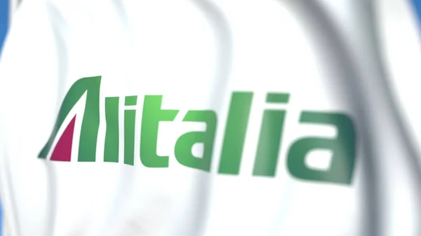 Vliegende vlag met Alitalia-logo, close-up. Redactionele 3D-rendering — Stockfoto