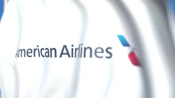 Bandera de vuelo con logo American Airlines, primer plano. Representación Editorial 3D — Foto de Stock