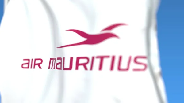 Repülő zászló Air Mauritius logo, közelről. Szerkesztőségi 3D renderelés — Stock Fotó