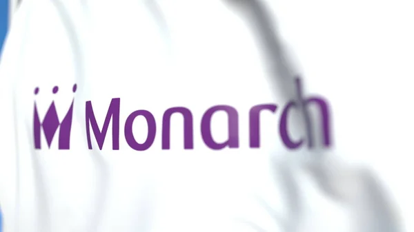 Repülő zászló a Monarch Airlines logo, közeli. Szerkesztőségi 3D renderelés — Stock Fotó