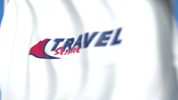 Bandera ondeando con el logotipo de Travel Service Airline, primer plano. Representación Editorial 3D — Foto de Stock