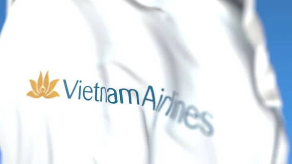 Bandiera sventolante con logo Vietnam Airlines, primo piano. Rendering editoriale 3D — Foto Stock