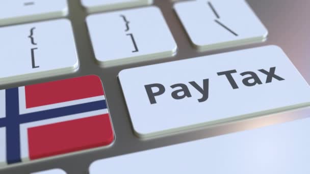 Текст PAY TAX и флаг Норвегии на клавиатуре компьютера. Концептуальная 3D анимация — стоковое видео