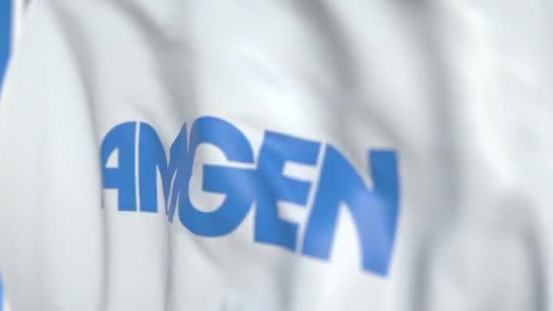 Acenando bandeira com logotipo Amgen, close-up. Editorial loopable animação 3D — Vídeo de Stock