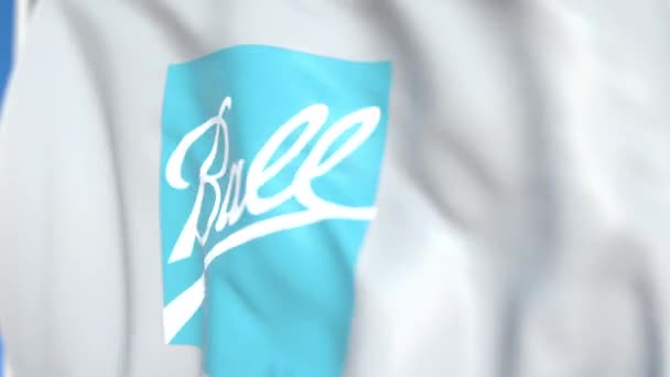 Flying flag with Ball Corporation logo, close-up. Animación en 3D loopable editorial — Vídeo de stock