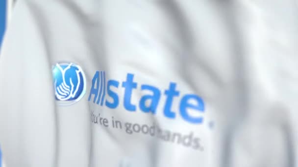 Acenando bandeira com o logotipo Allstate, close-up. Editorial loopable animação 3D — Vídeo de Stock