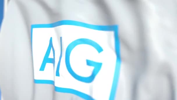 Flying flag with American International Group logo, close-up. Animación en 3D loopable editorial — Vídeos de Stock