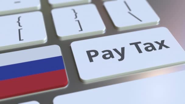 PAGAR texto TAX e bandeira da Rússia no teclado do computador. Tributação relacionado animação 3D conceitual — Vídeo de Stock