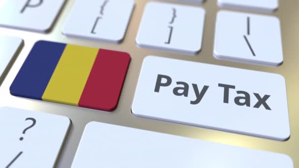 PAY TAX text and flag of Romania on the computer keyboard. Taxation related conceptual 3D animation — Stock Video