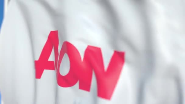 Flying flag with Aon Plc logo, close-up. Editorial loopable 3D animation — Stock Video