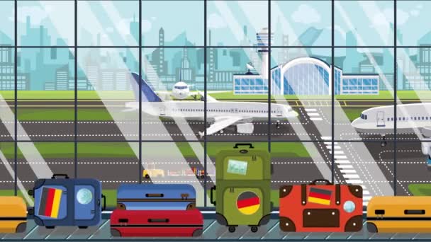 Reisegepäck mit Aufklebern mit der britischen Flagge auf dem Gepäckband am Flughafen. Tourismus in Deutschland konzeptionelle Schlupflöcher Cartoon Animation — Stockvideo