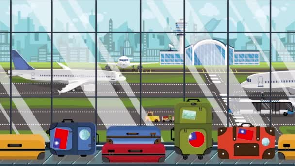 공항의 수하물 캐러셀에 대만 국기 스티커가 붙은 가방. 대만 관광 관련 반복 만화 애니메이션 — 비디오