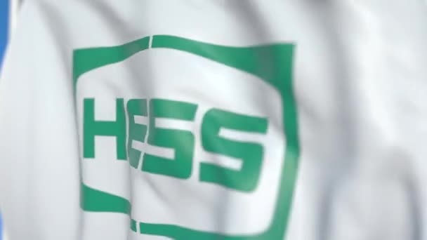 Размахиваю флагом с логотипом Hess Corporation, крупным планом. Передвижная 3D-анимация — стоковое видео