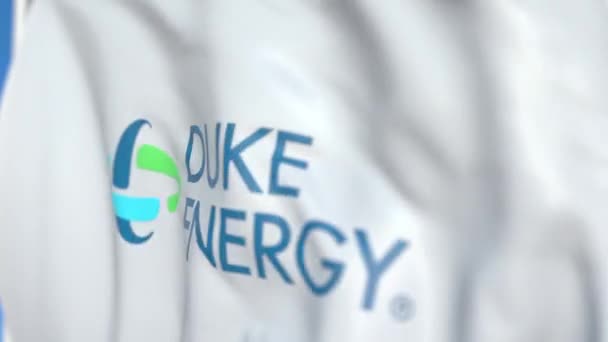 Σημαία πτήσης με το λογότυπο του Ντουκ Energy, κοντινό. Συντακτικό loopable 3D κινούμενα σχέδια — Αρχείο Βίντεο