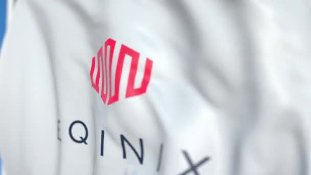 Bandeira voadora com logotipo da Equinix, close-up. Editorial loopable animação 3D — Vídeo de Stock