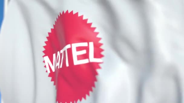 マテルのロゴが付いているフライングフラッグ、クローズアップ。エディトリアルループ可能な3Dアニメーション — ストック動画