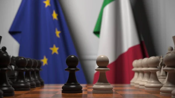 Drapeaux de l'UE et de l'Italie derrière l'échiquier. Le premier pion se déplace au début du jeu. Rivalité politique rendu 3D conceptuel — Photo