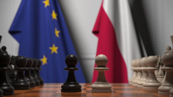 Bandiere dell'UE e della Polonia dietro la scacchiera. Il primo pedone si muove all'inizio del gioco. Rivalità politica rendering concettuale 3D — Foto Stock