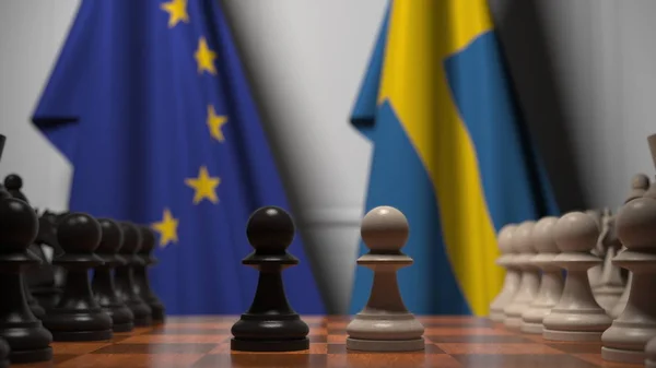 Bandiere dell'UE e della Svezia dietro la scacchiera. Il primo pedone si muove all'inizio del gioco. Rivalità politica rendering concettuale 3D — Foto Stock