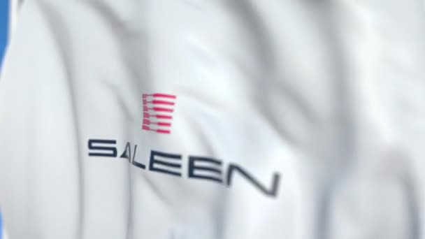 Bandeira voadora com logotipo da Saleen Automotive, close-up. Editorial loopable animação 3D — Vídeo de Stock
