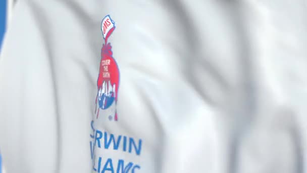 Flying flag with Sherwin Williams logo, close-up. Animación en 3D loopable editorial — Vídeo de stock