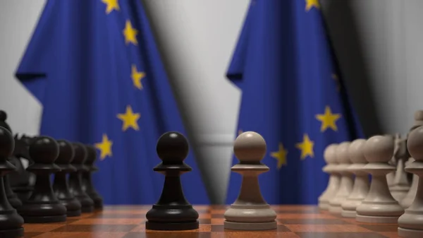 Bandeiras da União Europeia atrás do tabuleiro de xadrez. O primeiro peão se move no início do jogo. rivalidade política conceitual renderização 3D — Fotografia de Stock