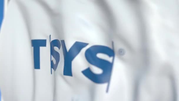 Bandiera sventolante con logo TSYS, primo piano. Animazione 3D loop editoriale — Video Stock