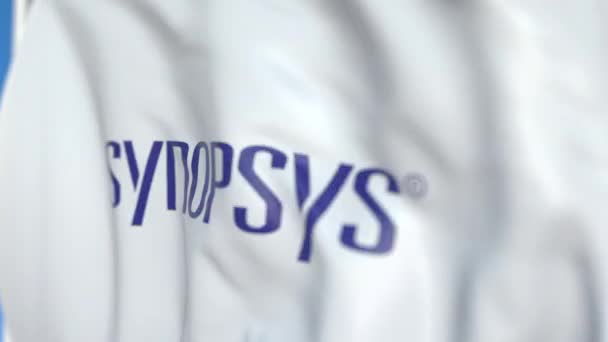 Waving flag with Synopsys logo, close-up. Editorial loopable 3D animation — Stock Video