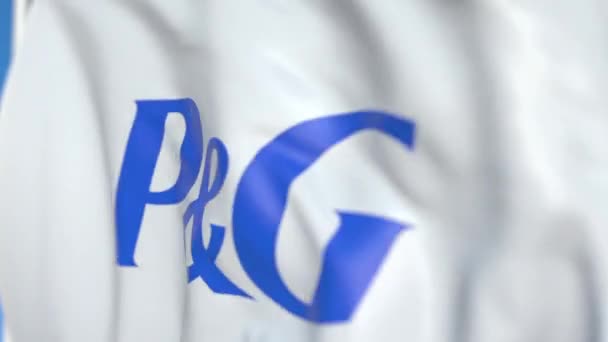 Acenando bandeira com o logotipo Procter Gamble, close-up. Editorial loopable animação 3D — Vídeo de Stock