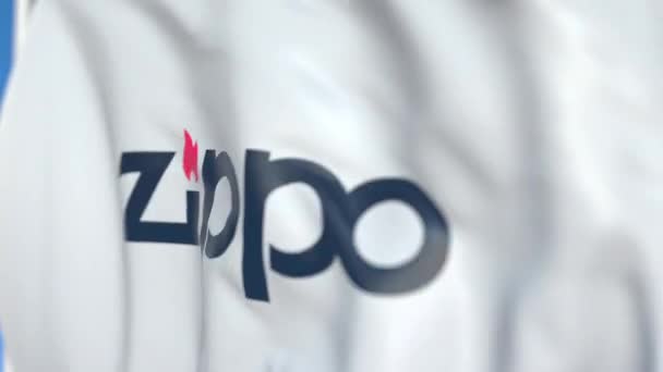 Bandiera sventolante con logo Zippo, primo piano. Animazione 3D loop editoriale — Video Stock