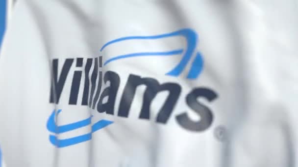 Flying flag with Williams Companies logo, close-up. Editorial loopable 3D animation — Stock Video