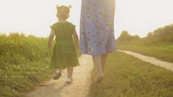 Bebê menina e sua mãe caminham juntos ao longo do caminho de campo rural em um dia ensolarado — Vídeo de Stock