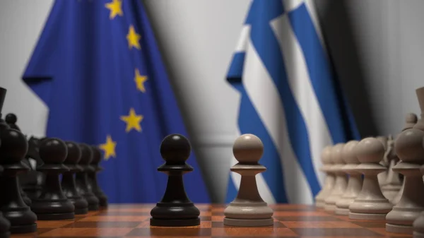Drapeaux de l'UE et de la Grèce derrière l'échiquier. Le premier pion se déplace au début du jeu. Rivalité politique rendu 3D conceptuel — Photo
