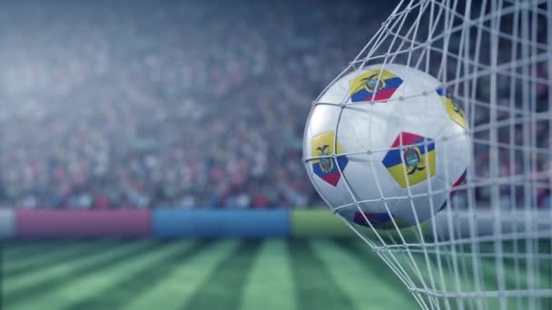 Bandera de Ecuador en el fútbol golpeando gol neto de vuelta. Animación realista en cámara lenta 3D — Vídeos de Stock