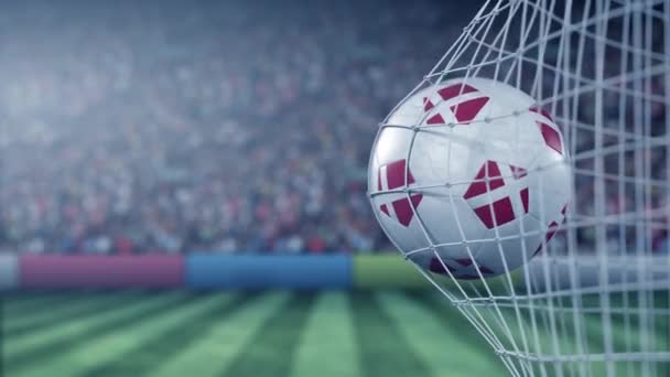Flag of Denmark on the football hitting goal net back. Realistic slow motion 3D animation — Stock Video