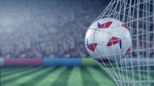Flag of Chile on the football hitting goal net back. Realistic slow motion 3D animation — Stock Video