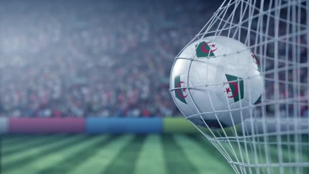 Flag of Algeria on the football hitting goal net back. Realistic slow motion 3D animation — Stock Video