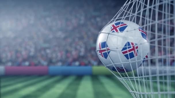 Flag of Iceland on the football hitting goal net back. Realistic slow motion 3D animation — Stock Video
