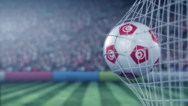 Drapeau de la Tunisie sur le ballon en filet de football. Animation 3D conceptuelle — Video